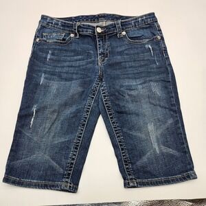 Seven 7 Jeans Distressed Denim Capri Shorts Women Size 12 Blue Whiskering